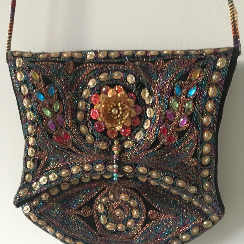 Vintage Crossbody embroidery and beaded on front beautiful uniq purse